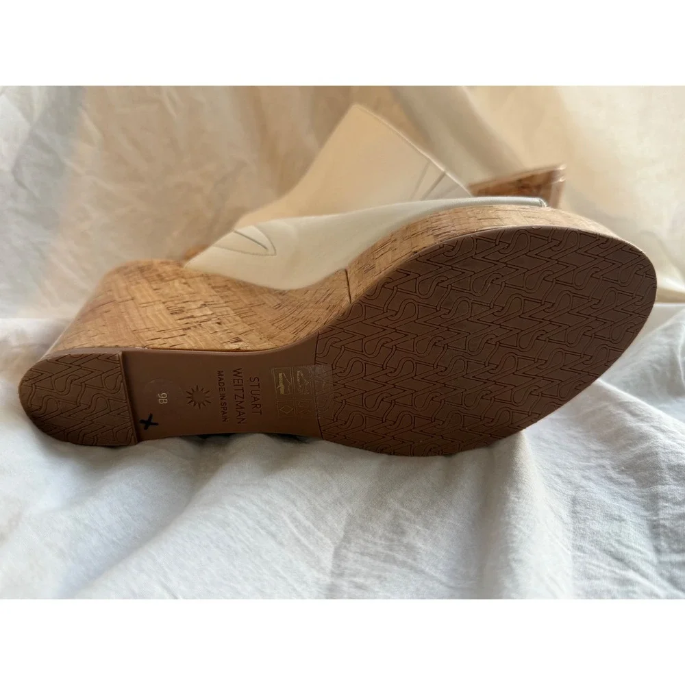 Stuart Weitzman Cream Leather Cork Platform Wedge Mules SH378 Size 9B - Picture 3 of 9